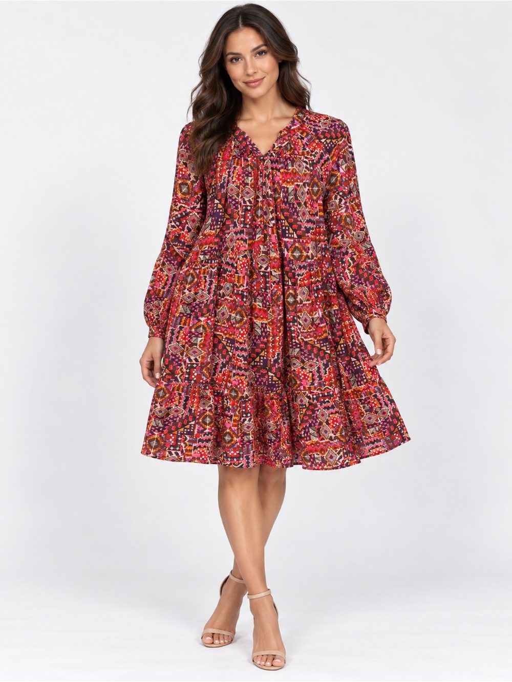 XiRENA Red-Pink Printed Long Sleeve Tiered Dress